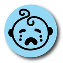 Illustration of a baby crying on a circular light blue background.